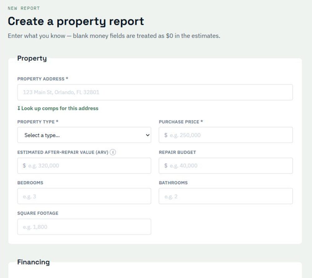 PropIntel new-report form with a property address field and one-click comp lookup